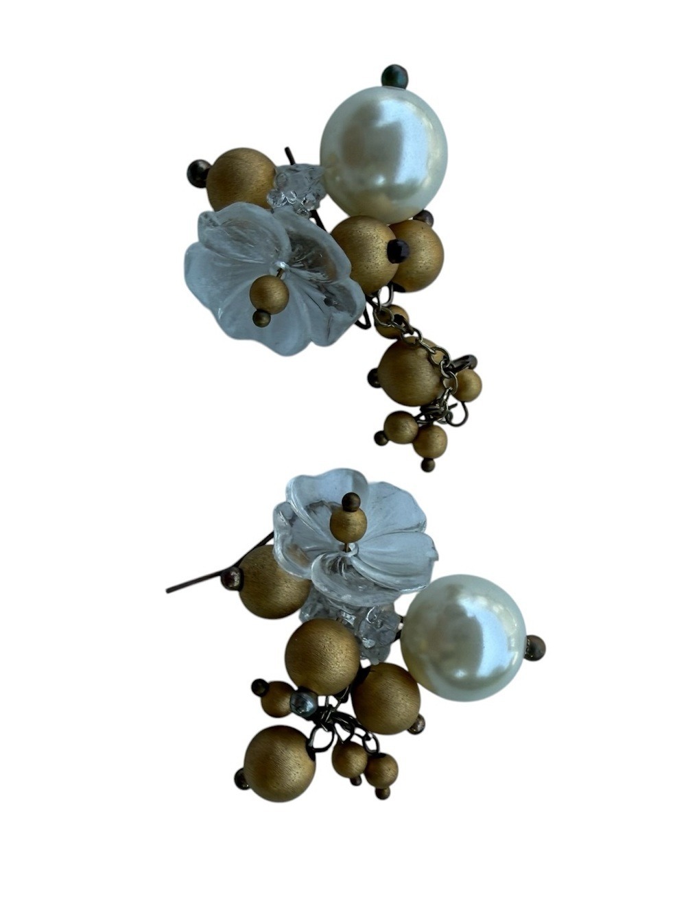 Gold and White Pearl Floral Drop Earrings